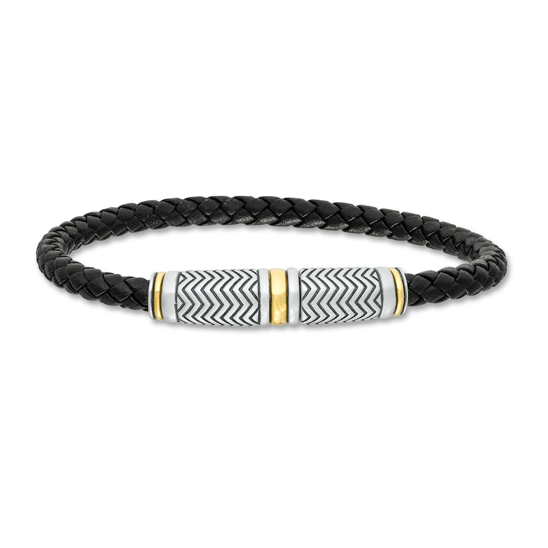 Main Image 1 of Vera Wang Men Black Braided Leather Bracelet with Sterling Silver and 14K Gold Chevron Barrel Clasp - 8.5"