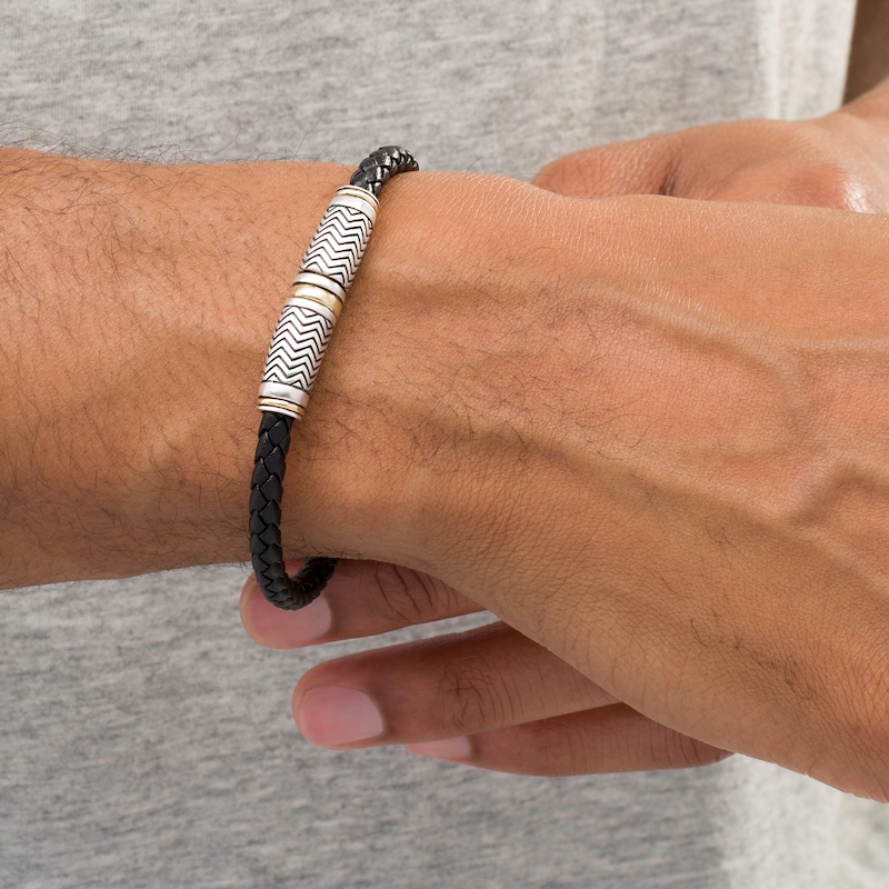Main Image 2 of Vera Wang Men Black Braided Leather Bracelet with Sterling Silver and 14K Gold Chevron Barrel Clasp - 8.5"