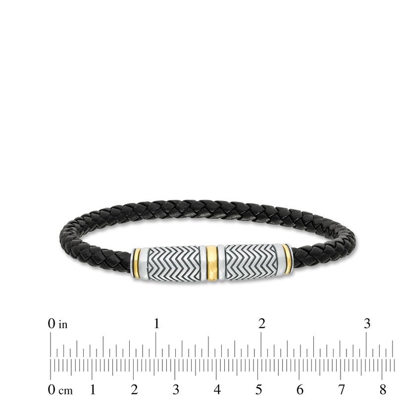 Main Image 3 of Vera Wang Men Black Braided Leather Bracelet with Sterling Silver and 14K Gold Chevron Barrel Clasp - 8.5"
