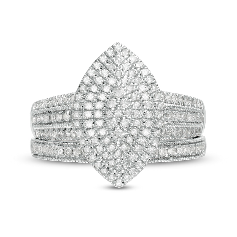Main Image 4 of 3/4 CT. T.W. Multi-Diamond Triple Marquise Frame Vintage-Style Multi-Row Bridal Set in 10K White Gold