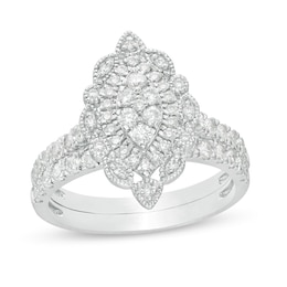 1 CT. T.W. Multi-Diamond Scallop Marquise Frame Vintage-Style Bridal Set in 10K White Gold