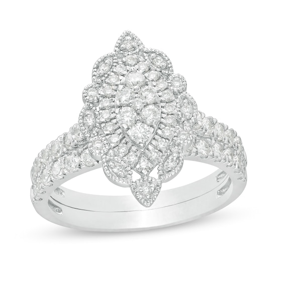 1 CT. T.w. Multi-Diamond Scallop Marquise Frame Vintage-Style Bridal Set in 10K White Gold