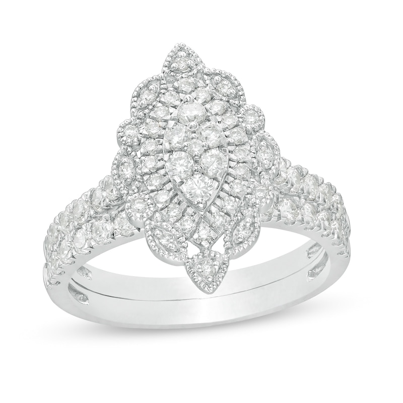 Main Image 1 of 1 CT. T.W. Multi-Diamond Scallop Marquise Frame Vintage-Style Bridal Set in 10K White Gold