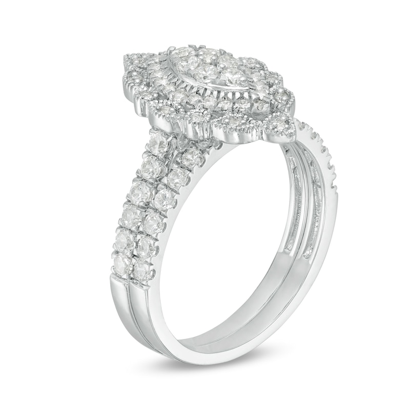 Main Image 3 of 1 CT. T.W. Multi-Diamond Scallop Marquise Frame Vintage-Style Bridal Set in 10K White Gold