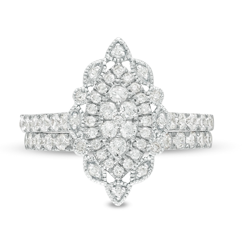 Main Image 4 of 1 CT. T.W. Multi-Diamond Scallop Marquise Frame Vintage-Style Bridal Set in 10K White Gold