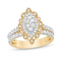 1 CT. T.W. Multi-Diamond Scallop Marquise Frame Vintage-Style Bridal Set in 10K Gold