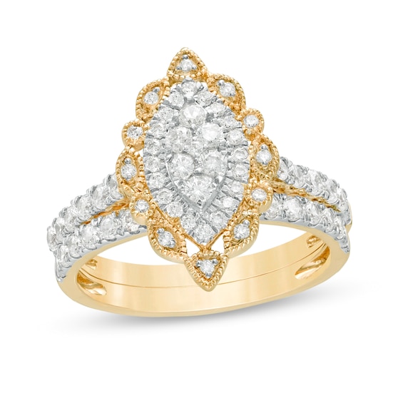 1 CT. T.w. Multi-Diamond Scallop Marquise Frame Vintage-Style Bridal Set in 10K Gold