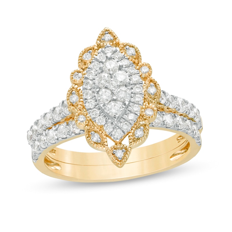 Main Image 1 of 1 CT. T.W. Multi-Diamond Scallop Marquise Frame Vintage-Style Bridal Set in 10K Gold