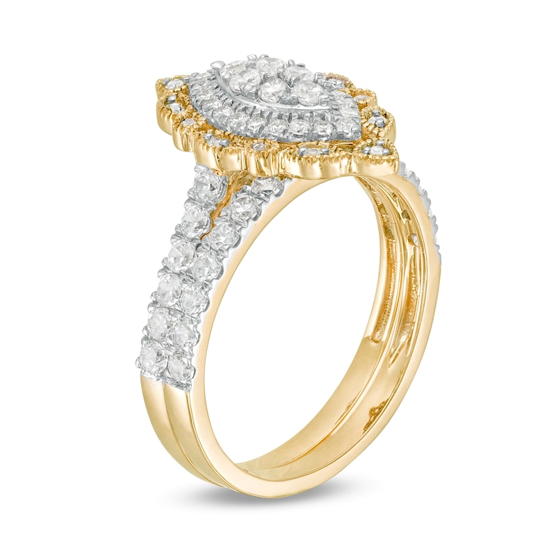 Main Image 3 of 1 CT. T.W. Multi-Diamond Scallop Marquise Frame Vintage-Style Bridal Set in 10K Gold