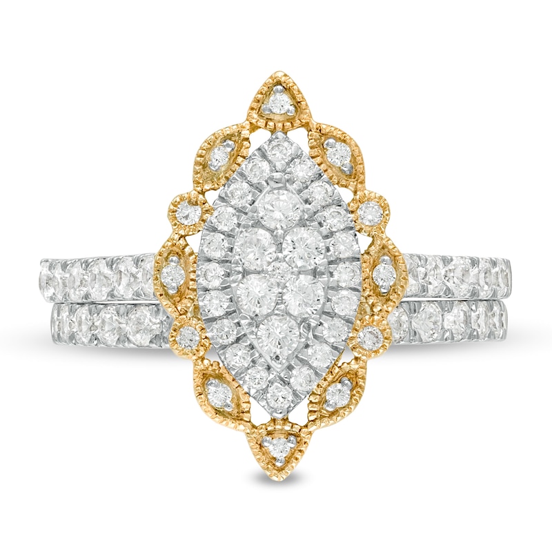 Main Image 4 of 1 CT. T.W. Multi-Diamond Scallop Marquise Frame Vintage-Style Bridal Set in 10K Gold