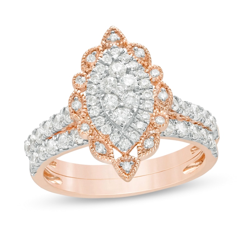 Main Image 1 of 1 CT. T.W. Multi-Diamond Scallop Marquise Frame Vintage-Style Bridal Set in 10K Rose Gold