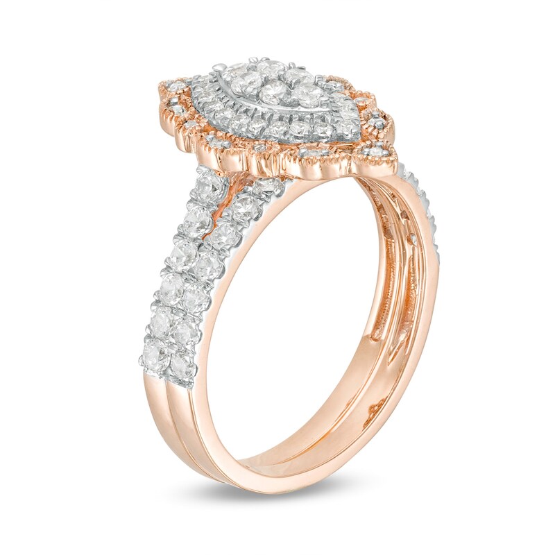 Main Image 3 of 1 CT. T.W. Multi-Diamond Scallop Marquise Frame Vintage-Style Bridal Set in 10K Rose Gold