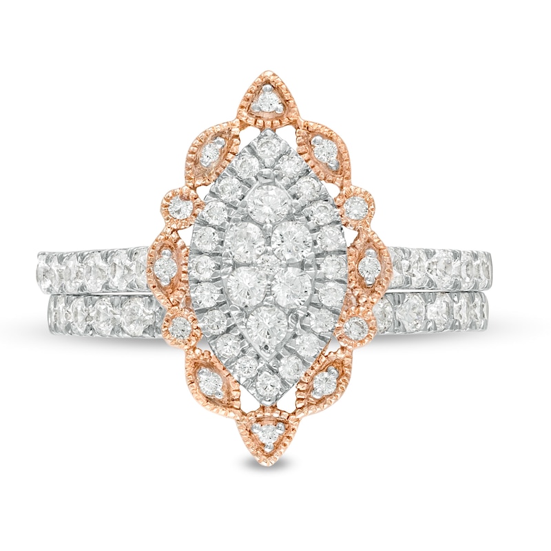 Main Image 4 of 1 CT. T.W. Multi-Diamond Scallop Marquise Frame Vintage-Style Bridal Set in 10K Rose Gold