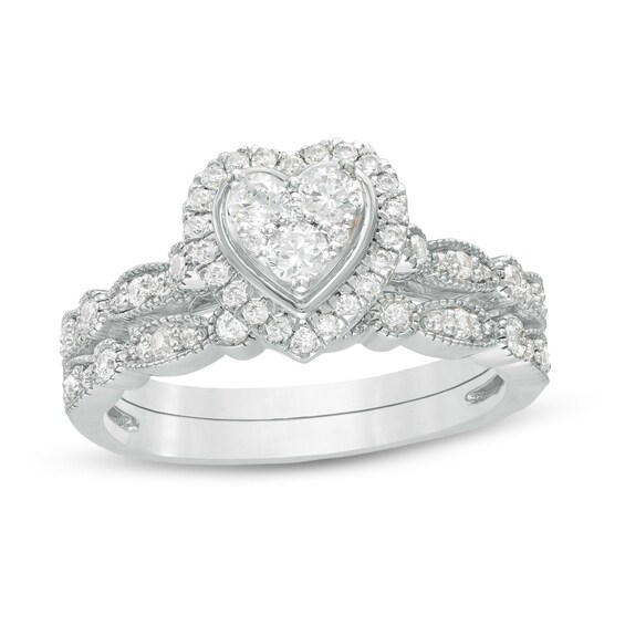 1/2 CT. T.w. Multi-Diamond Heart Frame Alternating Marquise Vintage-Style Bridal Set in 10K White Gold