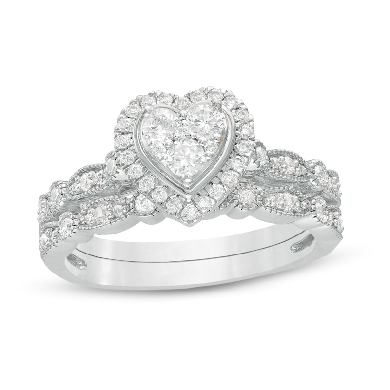 1/2 CT. T.W. Multi-Diamond Heart Frame Alternating Marquise Vintage-Style Bridal Set in 10K White Gold