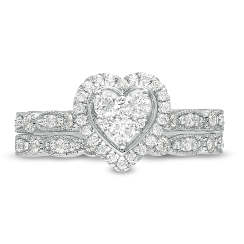 1/2 CT. T.W. Multi-Diamond Heart Frame Alternating Marquise Vintage-Style Bridal Set in 10K White Gold