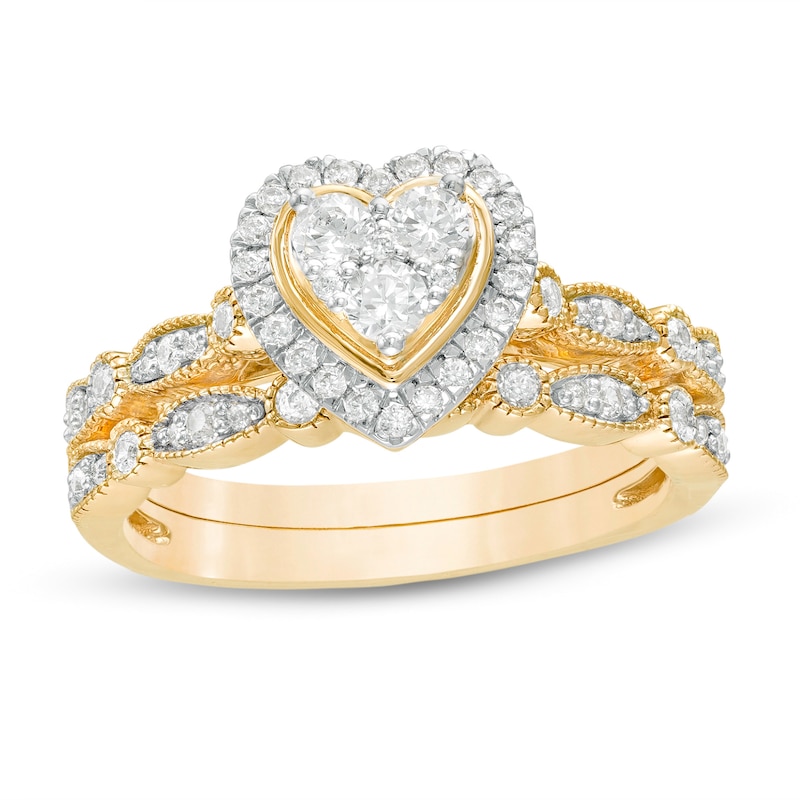 1/2 CT. T.W. Multi-Diamond Heart Frame Alternating Marquise Vintage-Style Bridal Set in 10K Gold