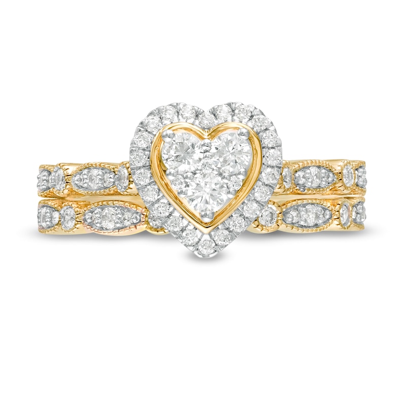 1/2 CT. T.W. Multi-Diamond Heart Frame Alternating Marquise Vintage-Style Bridal Set in 10K Gold