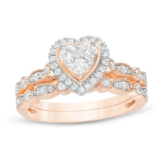 1/2 CT. T.W. Multi-Diamond Heart Frame Alternating Marquise Vintage-Style Bridal Set in 10K Rose Gold