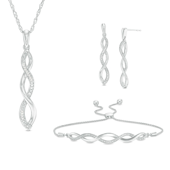 1/20 CT. T.w. Diamond Twist Pendant, Bolo Bracelet and Drop Earrings Set in Sterling Silver - 9.5"