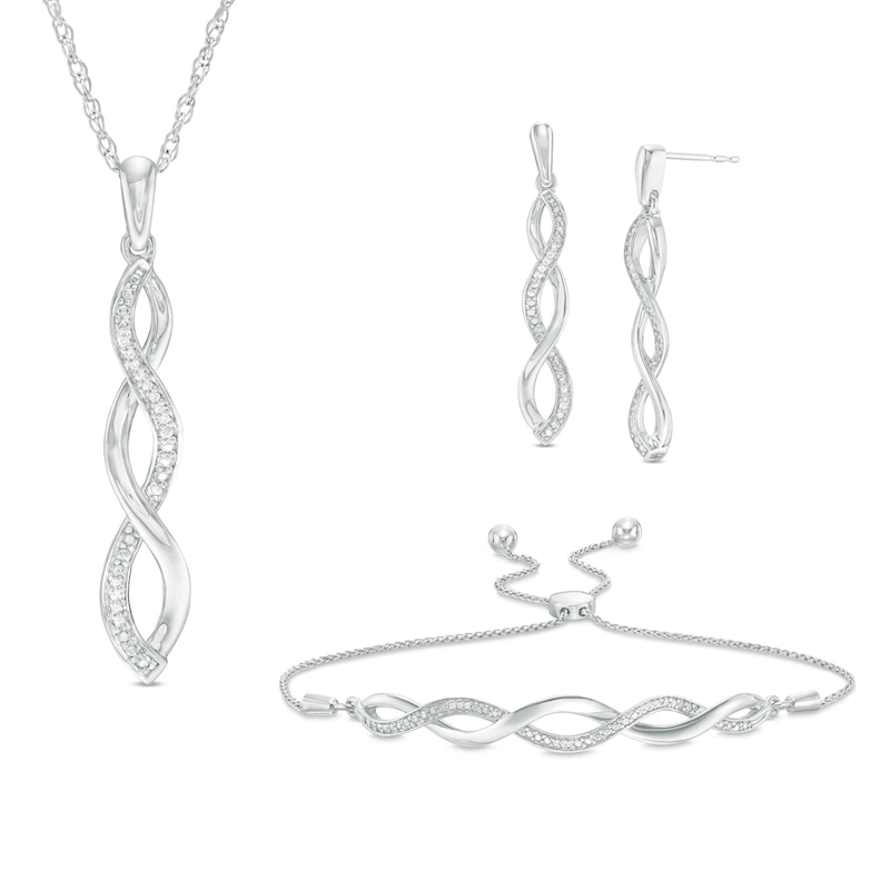 Main Image 1 of 1/20 CT. T.W. Diamond Twist Pendant, Bolo Bracelet and Drop Earrings Set in Sterling Silver - 9.5"