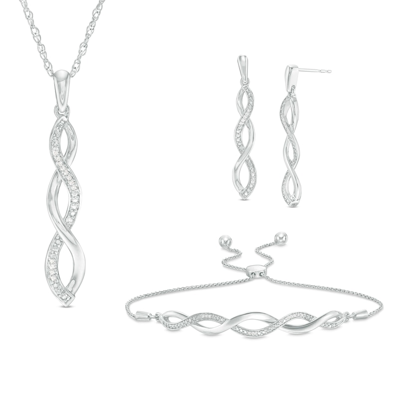 1/20 CT. T.W. Diamond Twist Pendant, Bolo Bracelet and Drop Earrings Set in Sterling Silver - 9.5"