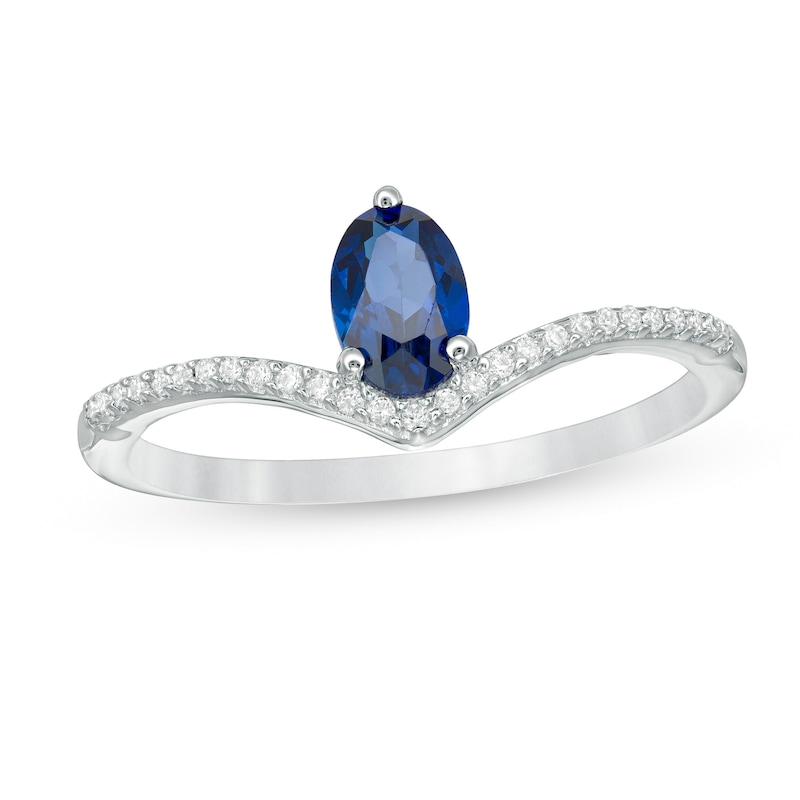 Main Image 1 of Oval Lab-Created Blue Sapphire and 1/10 CT. T.W. Diamond Chevron Ring in 10K White Gold