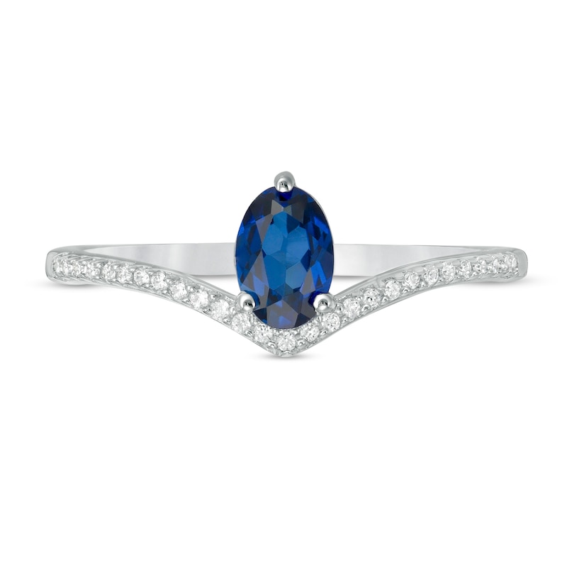 Main Image 4 of Oval Lab-Created Blue Sapphire and 1/10 CT. T.W. Diamond Chevron Ring in 10K White Gold