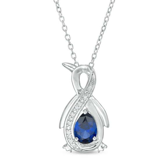 Pear-Shaped Lab-Created Blue Sapphire and Diamond Accent Infinity Penguin Pendant in Sterling Silver