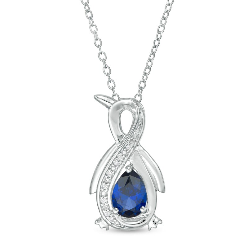 Main Image 1 of Pear-Shaped Lab-Created Blue Sapphire and Diamond Accent Infinity Penguin Pendant in Sterling Silver