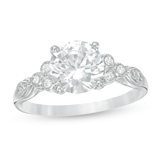 8.0mm Lab-Created White Sapphire and 1/10 CT. T.w. Diamond Tri-Sides Vintage-Style Ring in 10K White Gold