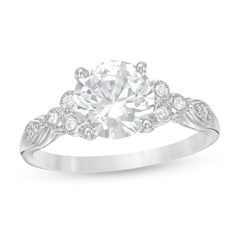 Main Image 1 of 8.0mm Lab-Created White Sapphire and 1/10 CT. T.W. Diamond Tri-Sides Vintage-Style Ring in 10K White Gold