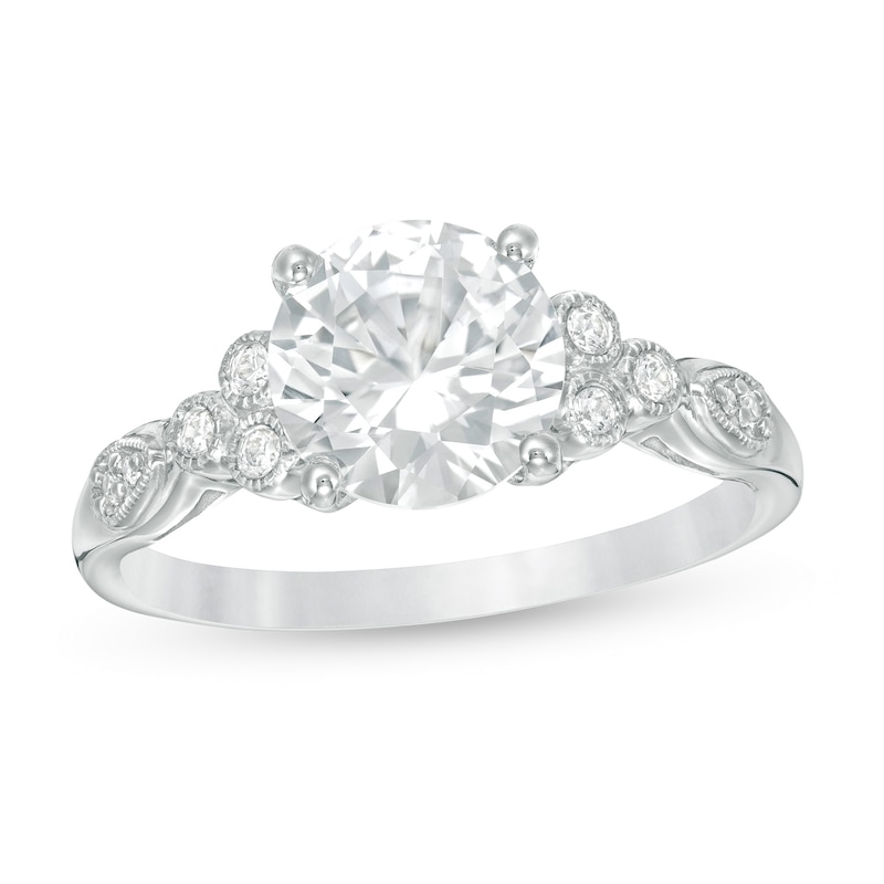 8.0mm Lab-Created White Sapphire and 1/10 CT. T.W. Diamond Tri-Sides Vintage-Style Ring in 10K White Gold