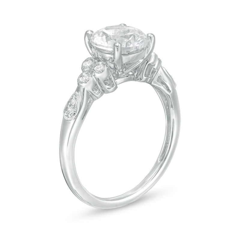 8.0mm Lab-Created White Sapphire and 1/10 CT. T.W. Diamond Tri-Sides Vintage-Style Ring in 10K White Gold