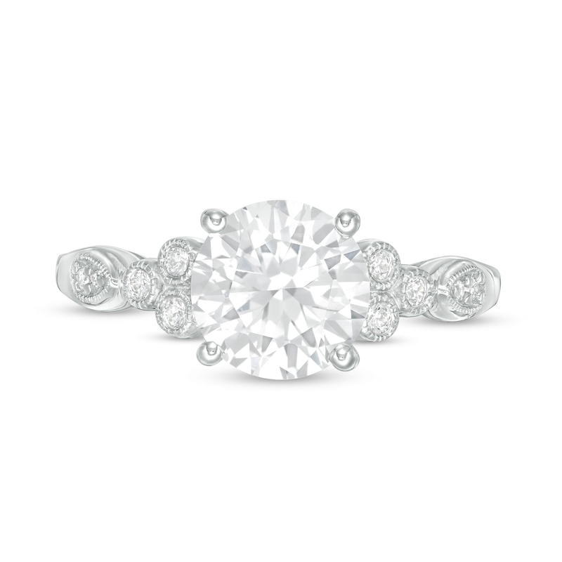 8.0mm Lab-Created White Sapphire and 1/10 CT. T.W. Diamond Tri-Sides Vintage-Style Ring in 10K White Gold
