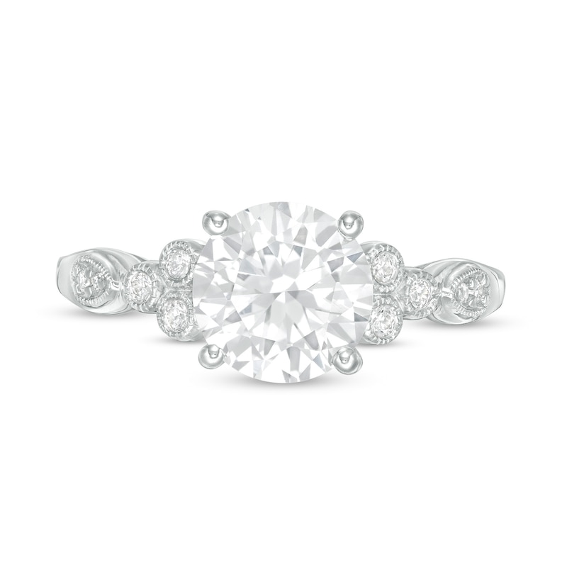 Main Image 4 of 8.0mm Lab-Created White Sapphire and 1/10 CT. T.W. Diamond Tri-Sides Vintage-Style Ring in 10K White Gold