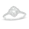 Thumbnail Image 0 of 6.0mm Lab-Created White Sapphire and 1/8 CT. T.W. Diamond Frame Flower Ring in 10K White Gold