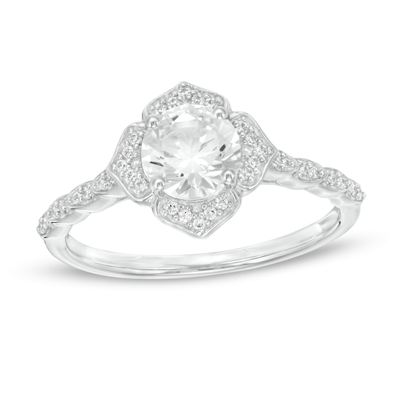 6.0mm Lab-Created White Sapphire and 1/8 CT. T.w. Diamond Frame Flower Ring in 10K White Gold