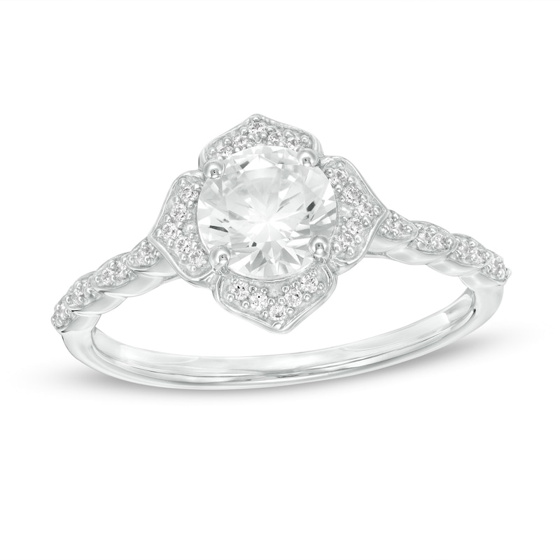 Main Image 1 of 6.0mm Lab-Created White Sapphire and 1/8 CT. T.W. Diamond Frame Flower Ring in 10K White Gold