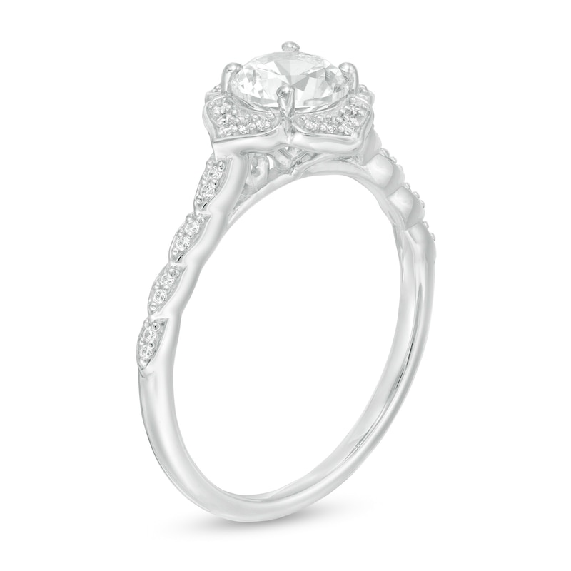 Main Image 3 of 6.0mm Lab-Created White Sapphire and 1/8 CT. T.W. Diamond Frame Flower Ring in 10K White Gold