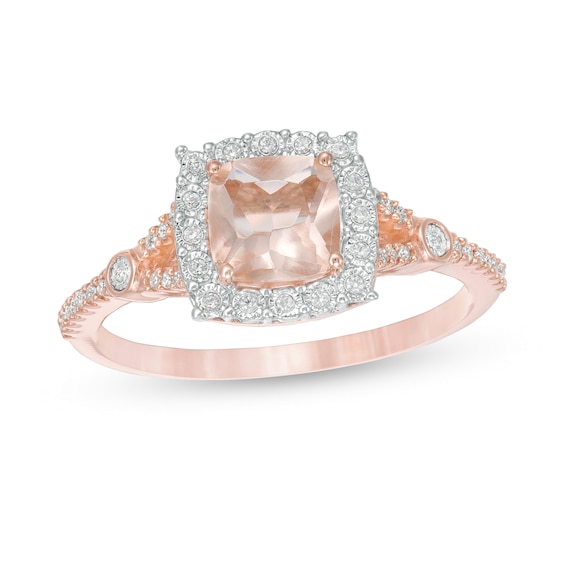 6.0mm Cushion-Cut Morganite and 1/6 CT. T.w. Diamond Frame Split Shank Ring in 10K Rose Gold