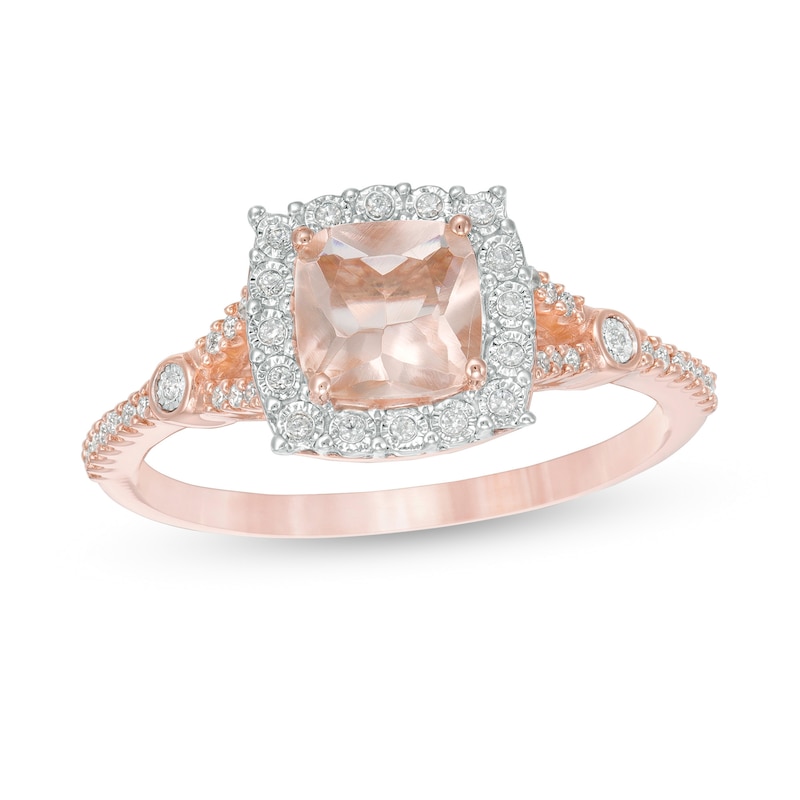 6.0mm Cushion-Cut Morganite and 1/6 CT. T.W. Diamond Frame Split Shank Ring in 10K Rose Gold