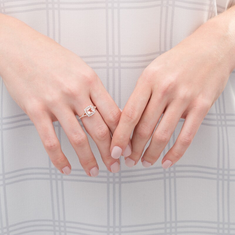 Main Image 2 of 6.0mm Cushion-Cut Morganite and 1/6 CT. T.W. Diamond Frame Split Shank Ring in 10K Rose Gold