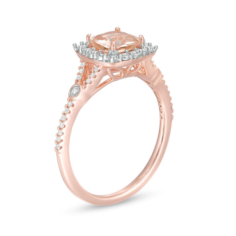 Main Image 3 of 6.0mm Cushion-Cut Morganite and 1/6 CT. T.W. Diamond Frame Split Shank Ring in 10K Rose Gold