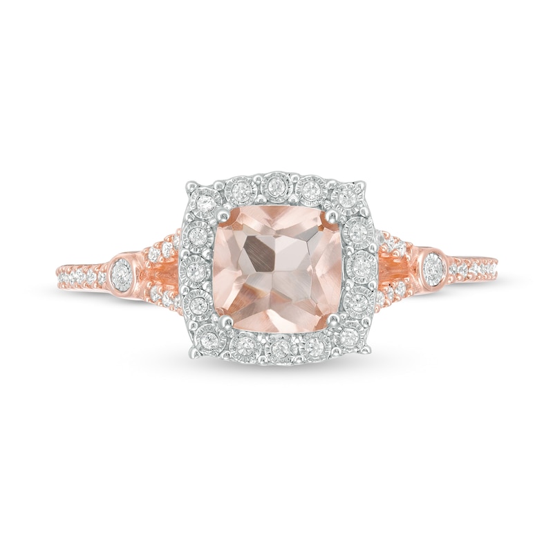 Main Image 4 of 6.0mm Cushion-Cut Morganite and 1/6 CT. T.W. Diamond Frame Split Shank Ring in 10K Rose Gold