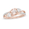 Thumbnail Image 0 of 6.0mm Morganite, Lab-Created White Sapphire and Diamond Accent Three Stone Slant Crossover Bypass Ring in 10K Rose Gold