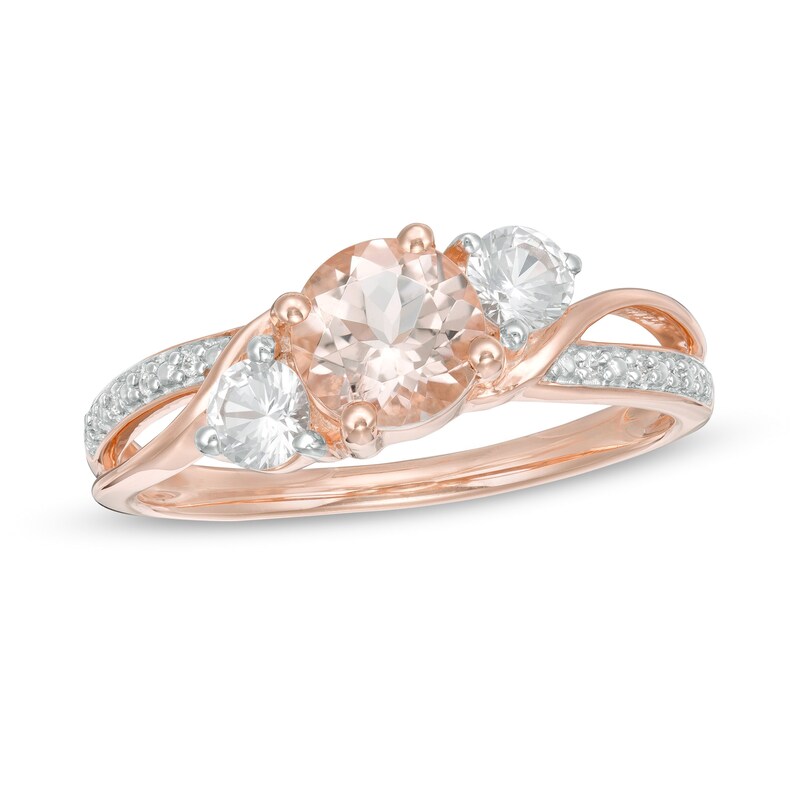 Main Image 1 of 6.0mm Morganite, Lab-Created White Sapphire and Diamond Accent Three Stone Slant Crossover Bypass Ring in 10K Rose Gold
