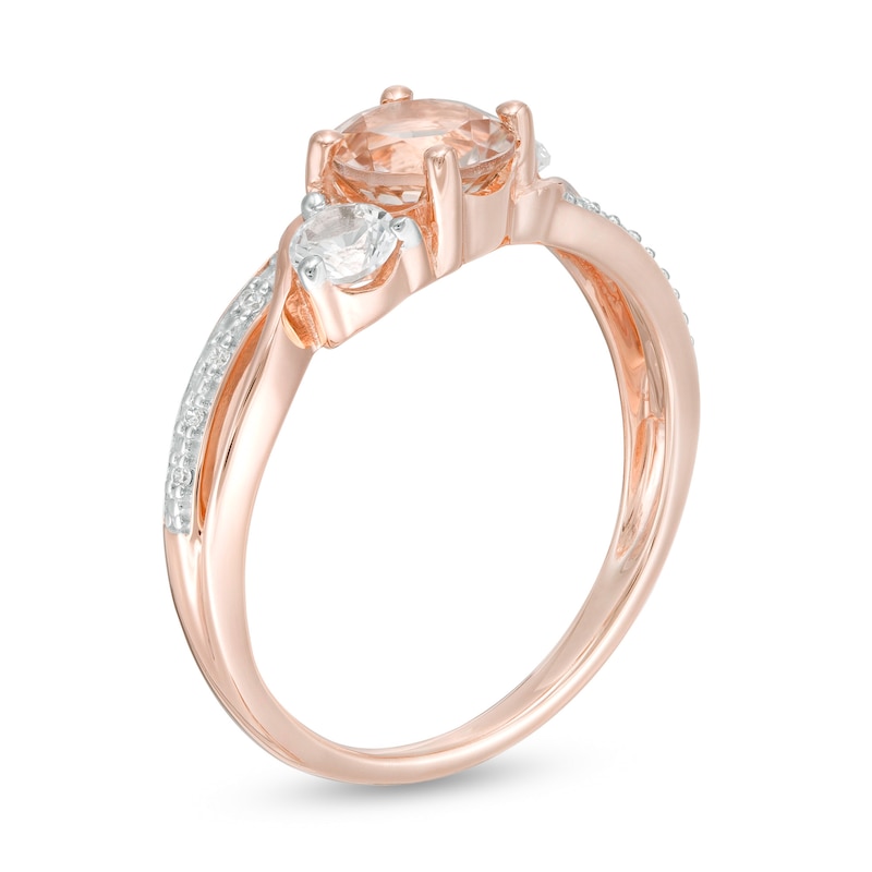 Main Image 3 of 6.0mm Morganite, Lab-Created White Sapphire and Diamond Accent Three Stone Slant Crossover Bypass Ring in 10K Rose Gold