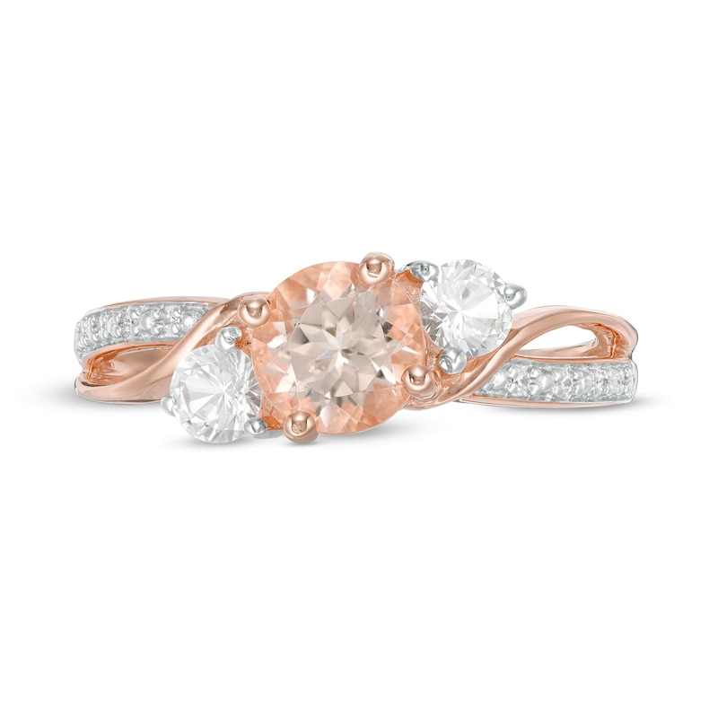 Main Image 4 of 6.0mm Morganite, Lab-Created White Sapphire and Diamond Accent Three Stone Slant Crossover Bypass Ring in 10K Rose Gold
