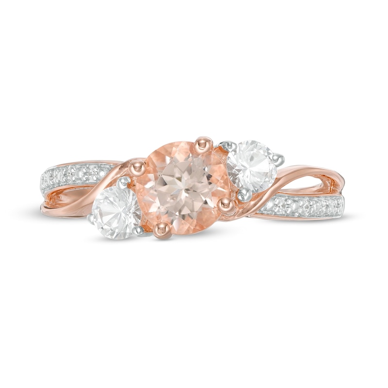 6.0mm Morganite, Lab-Created White Sapphire and Diamond Accent Three Stone Slant Crossover Bypass Ring in 10K Rose Gold